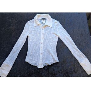 Vintage Bebe Semi-Sheer L/S Button Up White Shirt Sz Small Y2K Coquette Chic